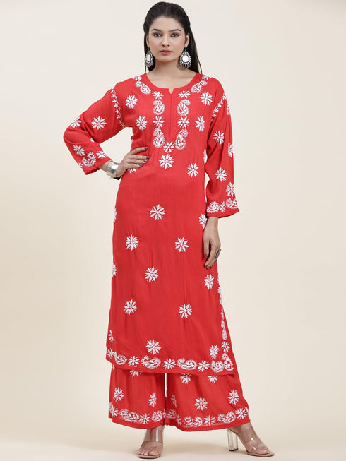 Samma Chikankari CO-ORD Set In Modal Cotton for Women In RED
